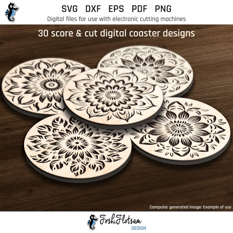 First 5 of 30 flower coasters included in this coaster SVG bundle.